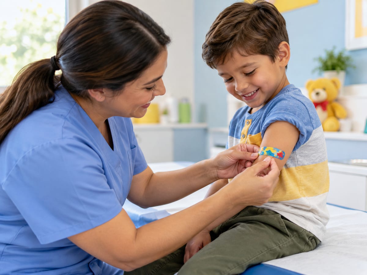 A nurse putting a bandage on a boy's arm