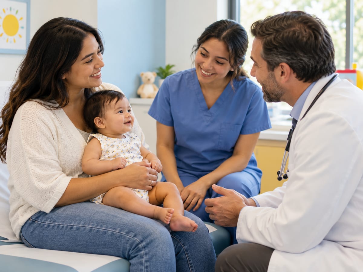 A doctor and a nurse talking with a mother and baby